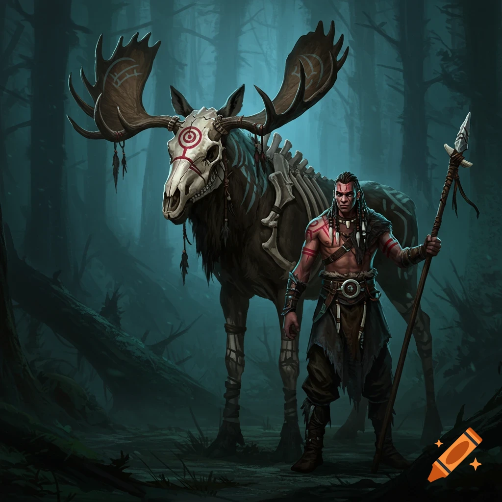 Painting of a warrior standing next to a skeleton moose in a misty forest.