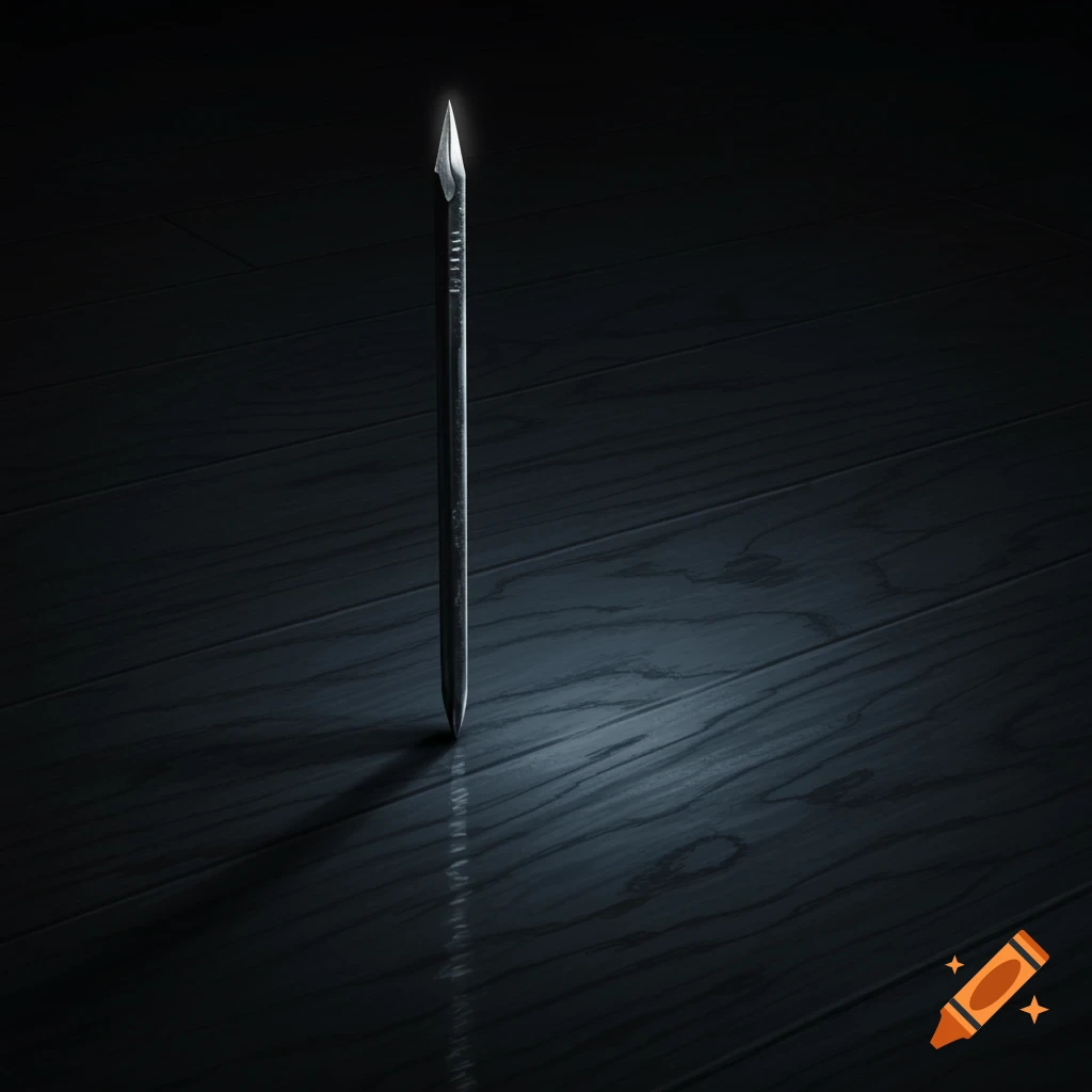 Sharp metal nail standing upright on dark wooden floor in a dark, dramatic style.