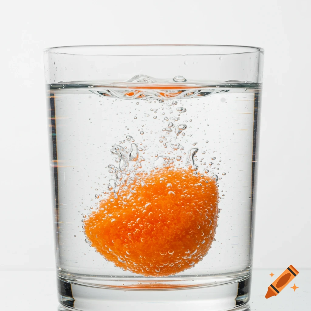 Close-up photo of an orange tablet dissolving in a glass of water, creating bubbles.