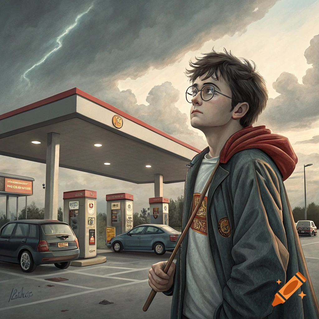 A character resembling Harry Potter stands at a gas station under a stormy sky with lightning, holding a stick.