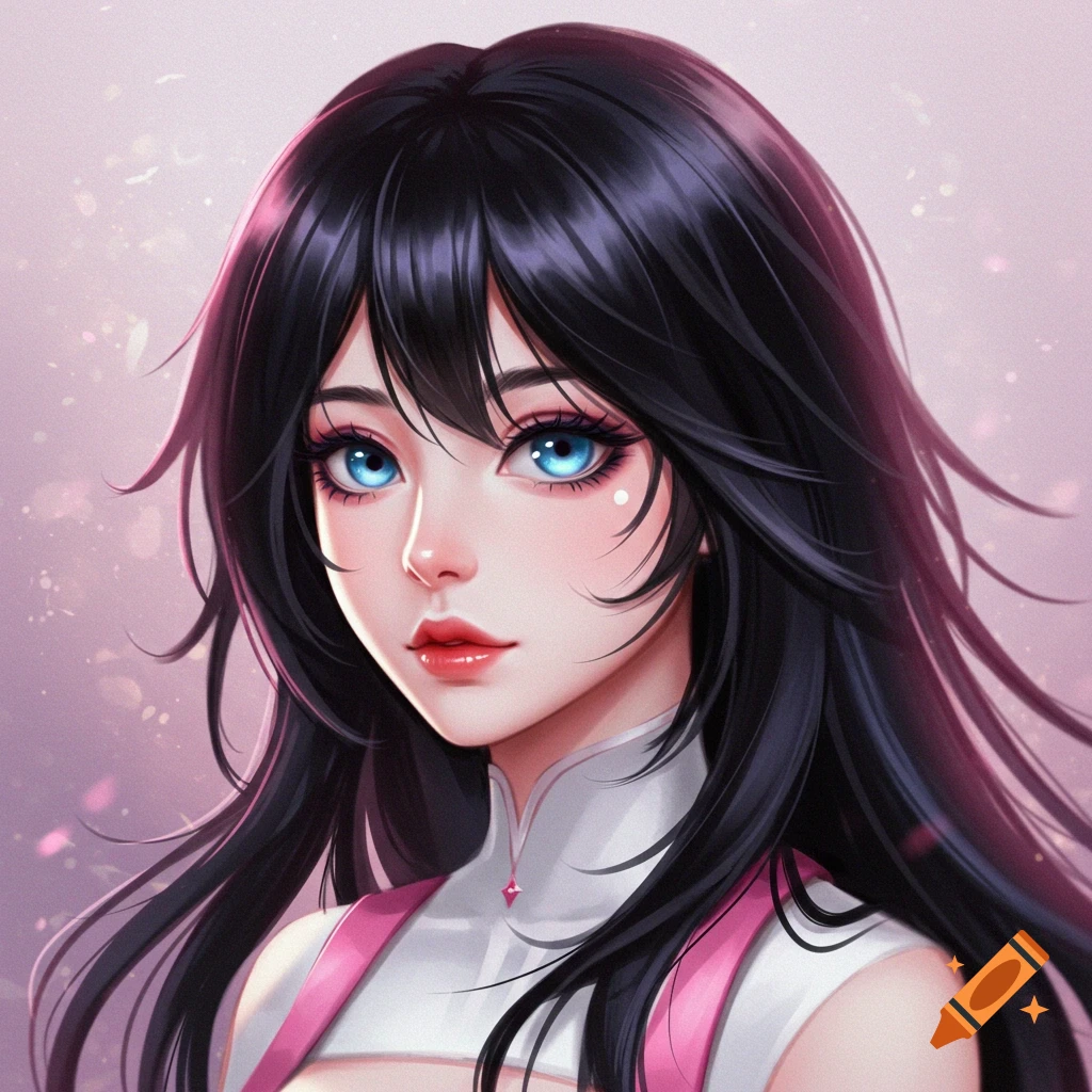 Anime portrait of a woman with black hair and blue eyes.