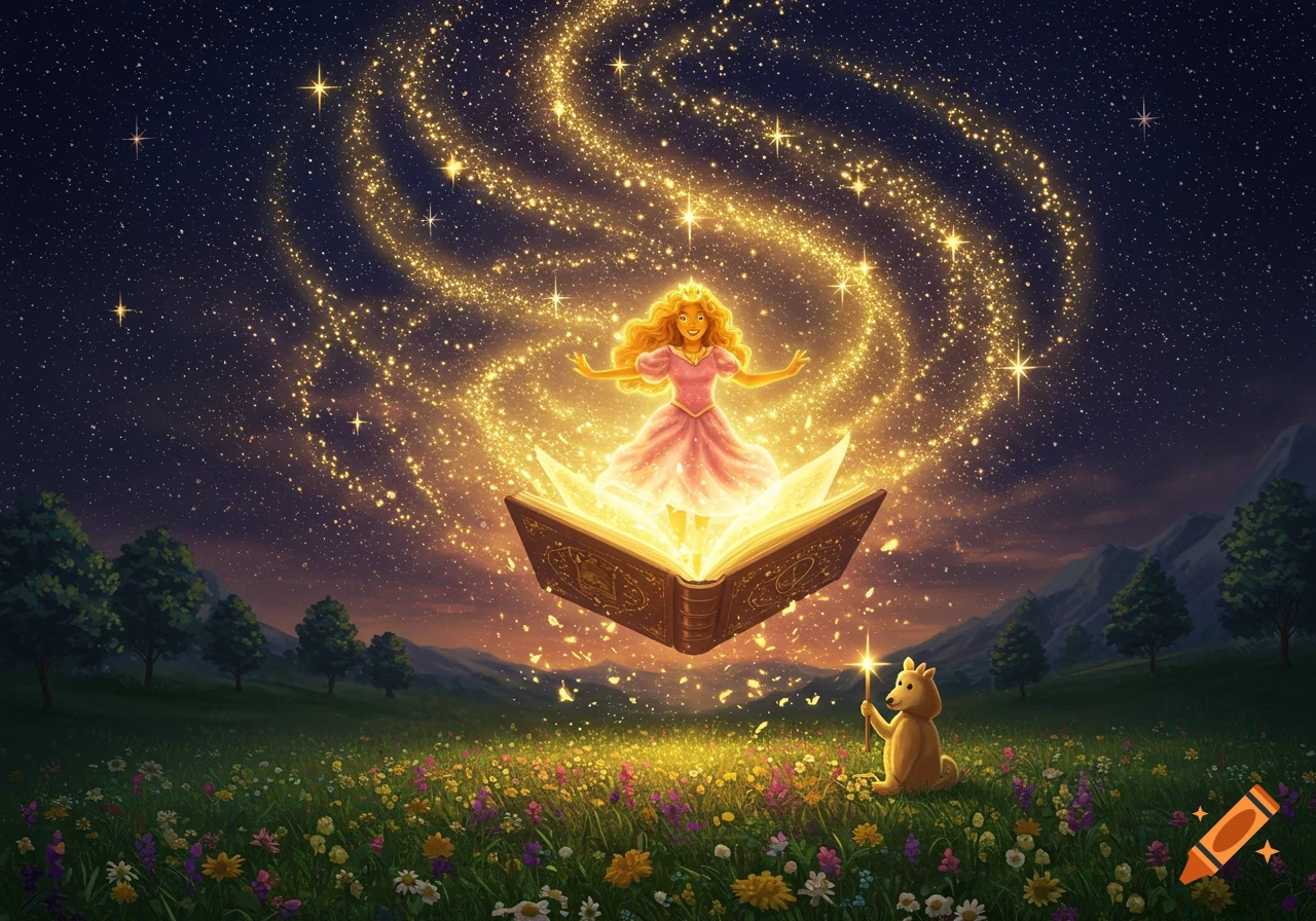 A radiant princess emerges from a glowing storybook, surrounded by golden stars and mystical energy in a field at night. A dog watches nearby.