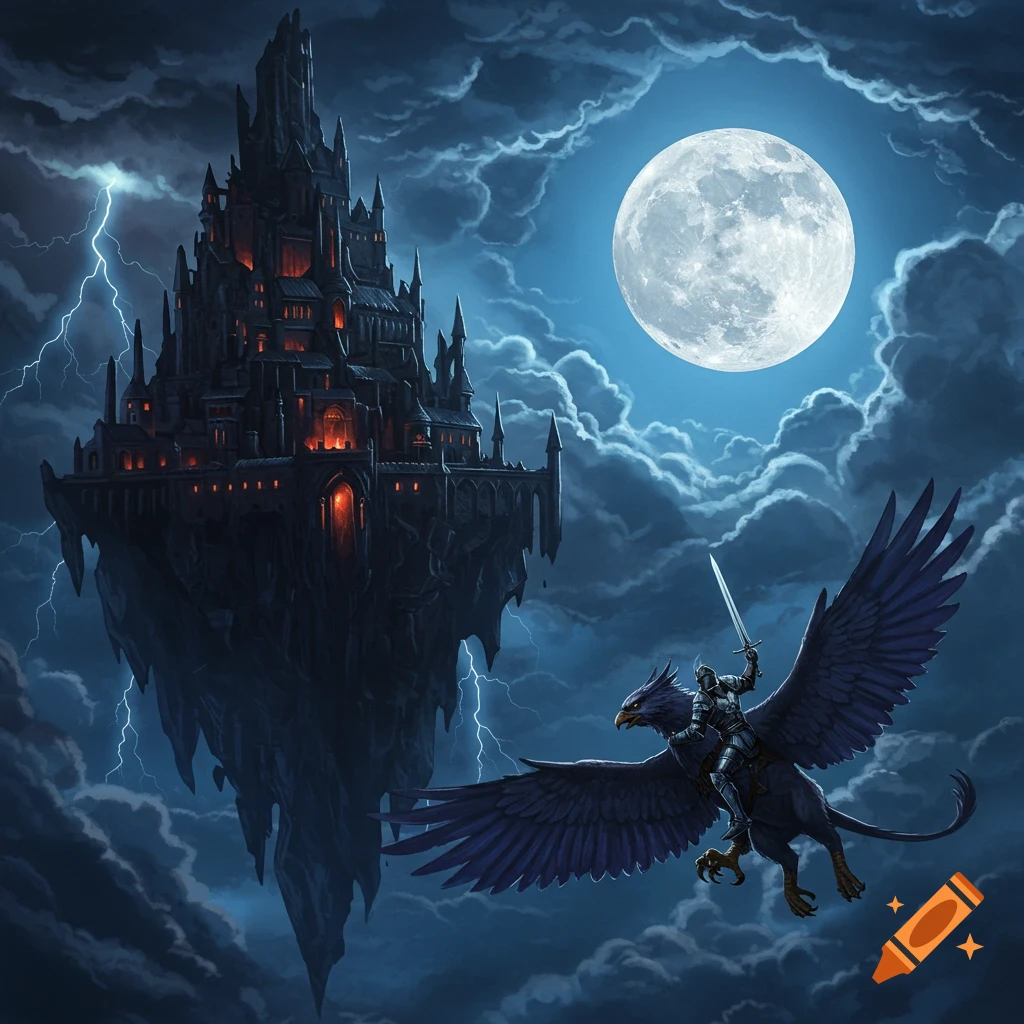 A knight rides a griffin towards a dark floating castle under a full moon with lightning.