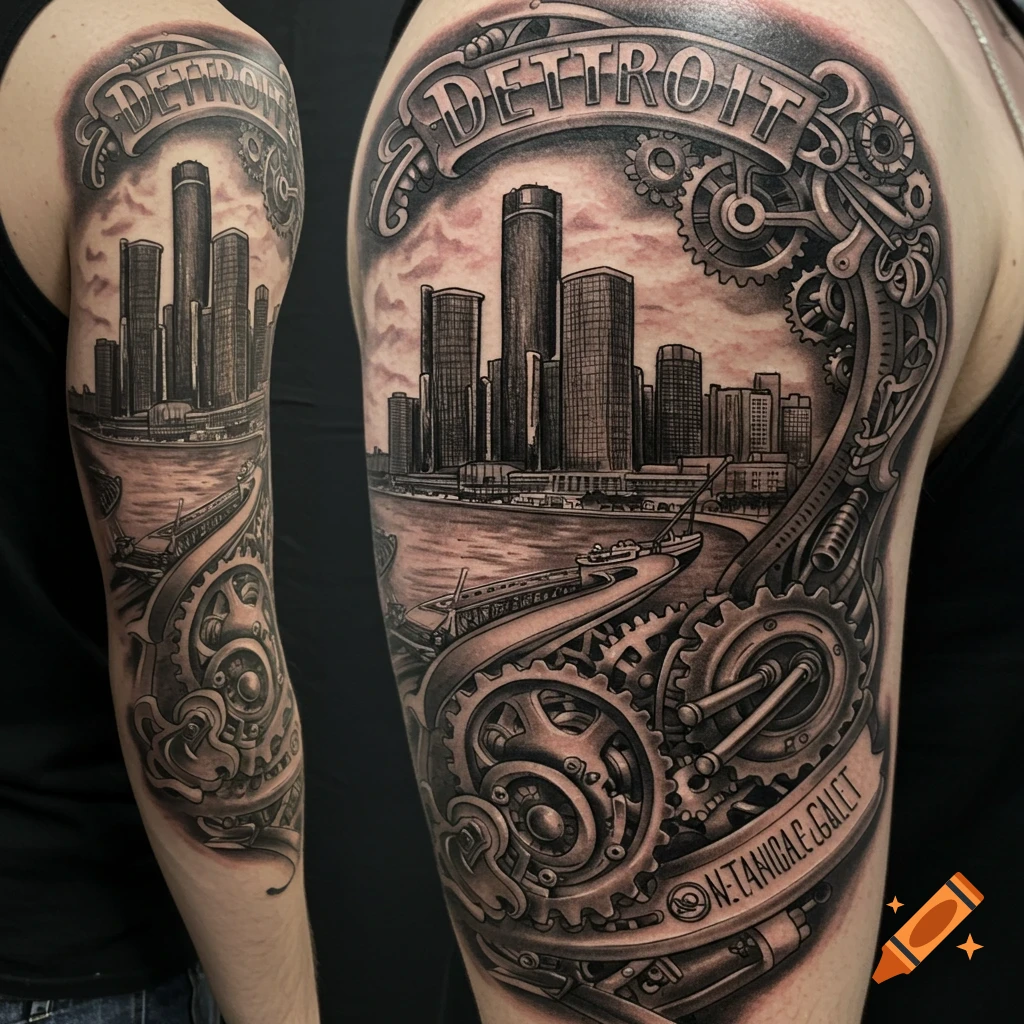Black and grey tattoo of Detroit skyline framed by mechanical gears