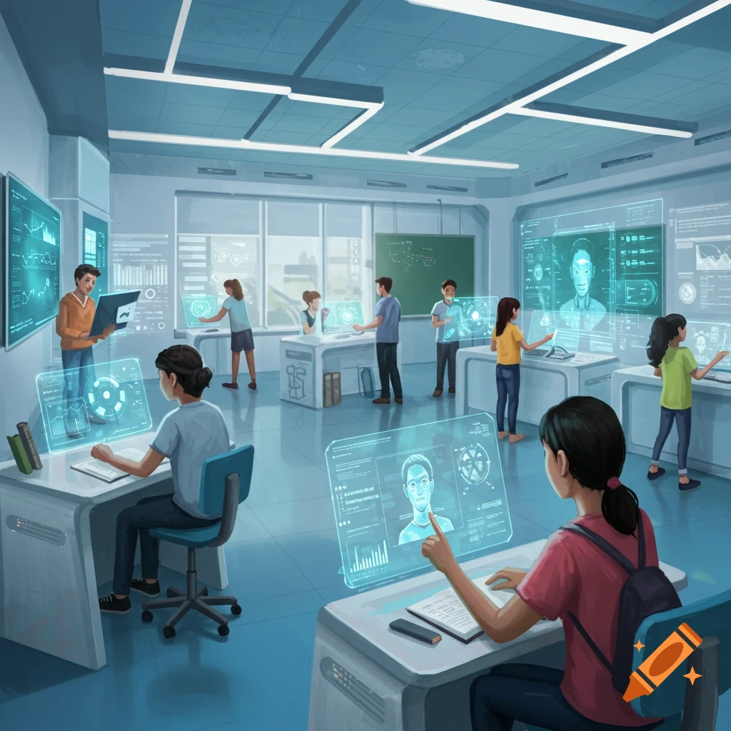 A futuristic classroom with students using AI-powered holographic displays and computers.