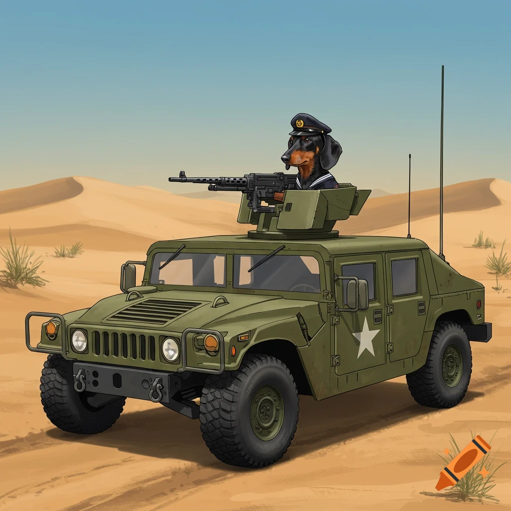 A dachshund dog in a navy uniform and hat mans a machine gun on a military Humvee in a desert setting.