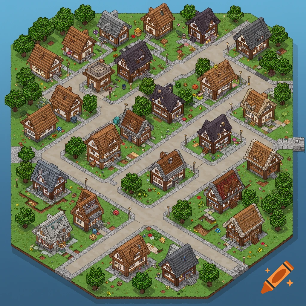 Isometric view of a medieval-style village with many houses, trees, and streets.
