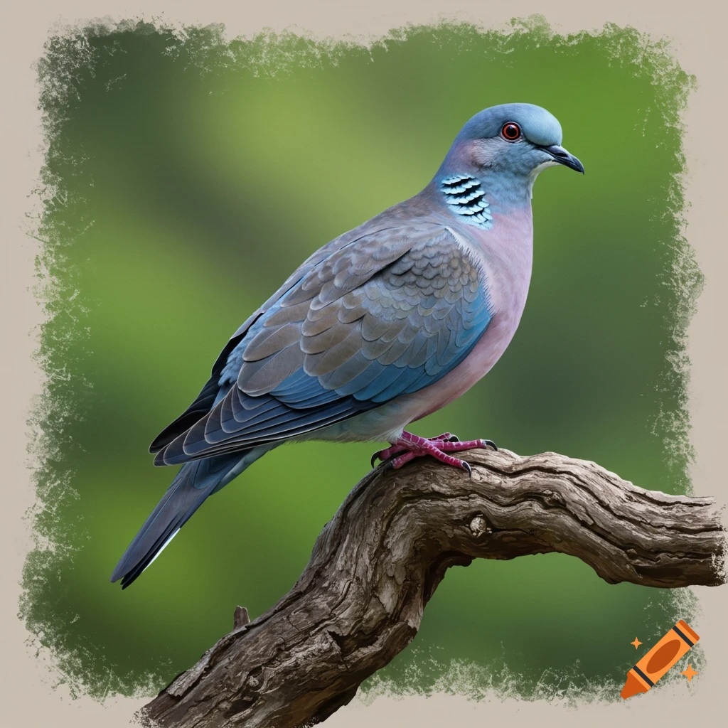 A blue and pink dove perching on a branch.