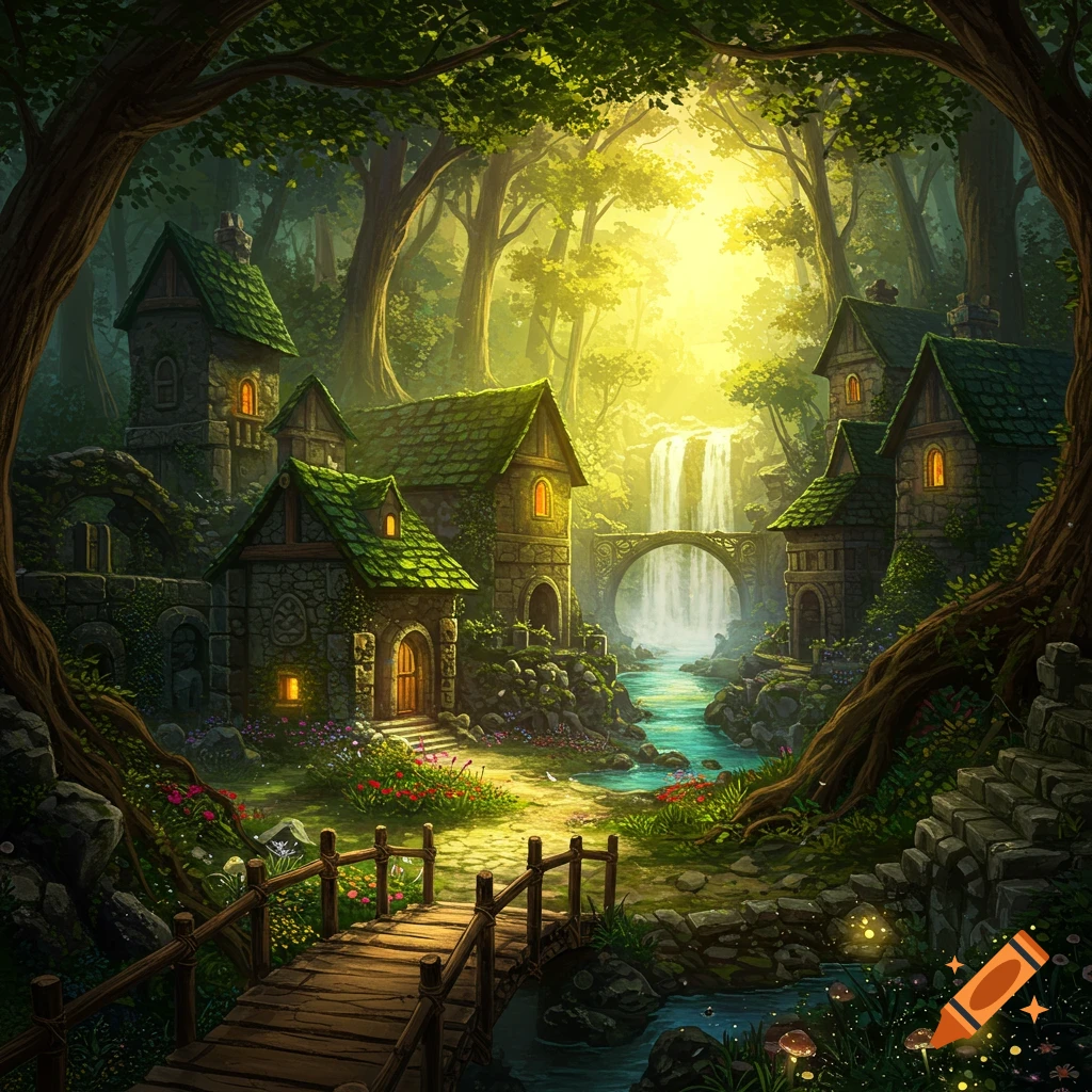 A hidden fantasy village in a lush forest with a waterfall and river