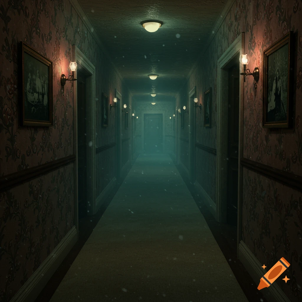 A dim, eerie hotel hallway with patterned wallpaper and framed pictures.