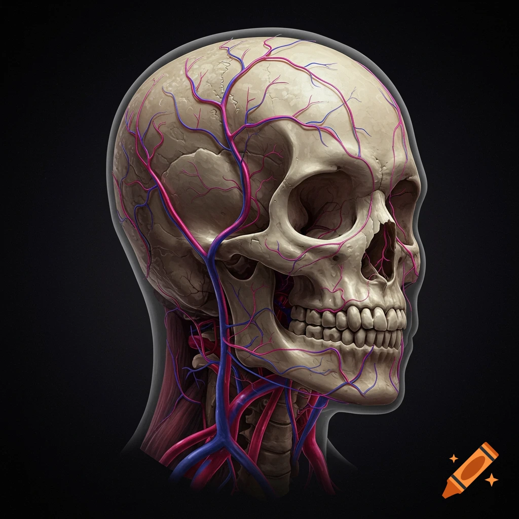 A human skull with red arteries and blue veins wrapping around it and the neck, on a dark background.