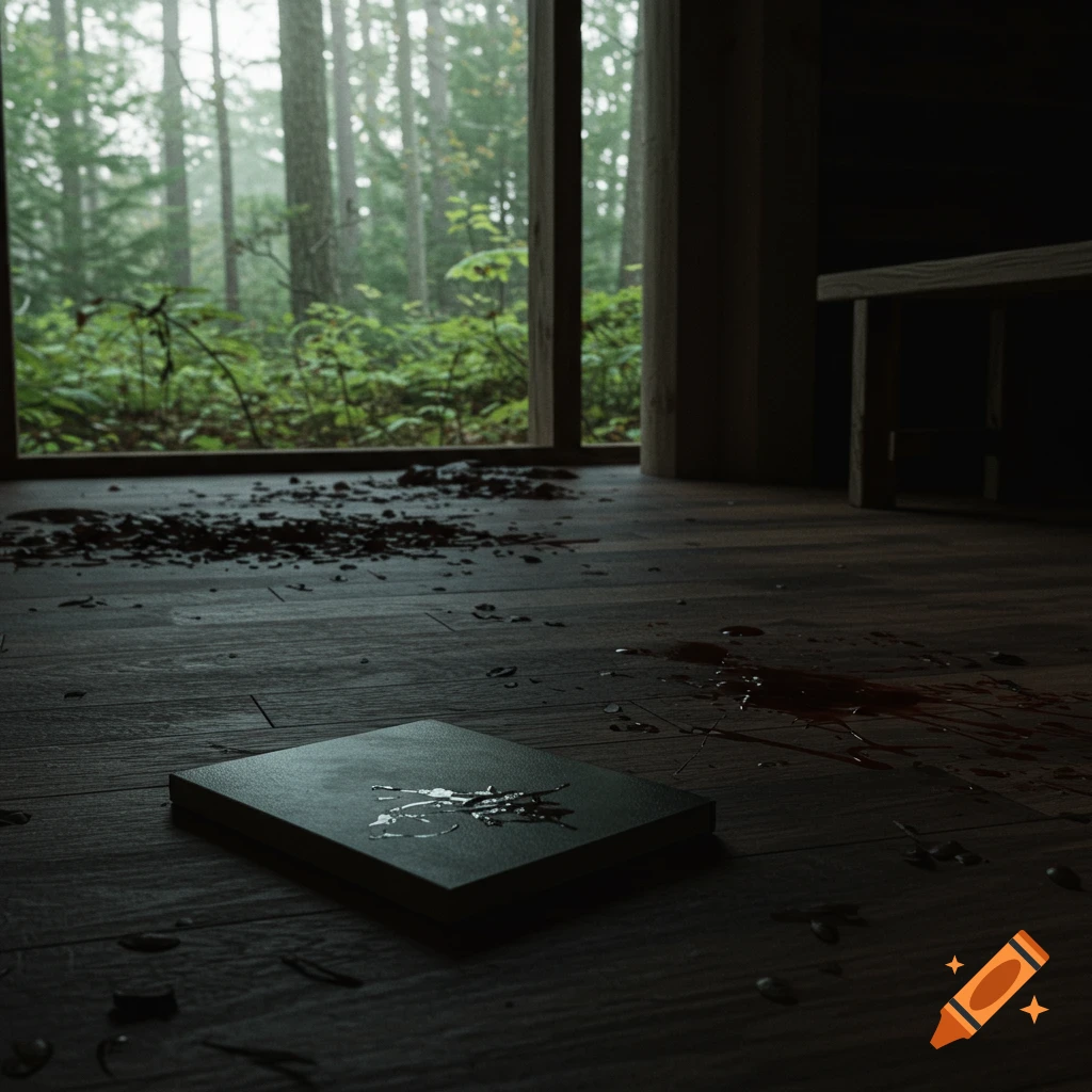 Interior of a dark room with a book and blood on the floor, window view of misty forest.