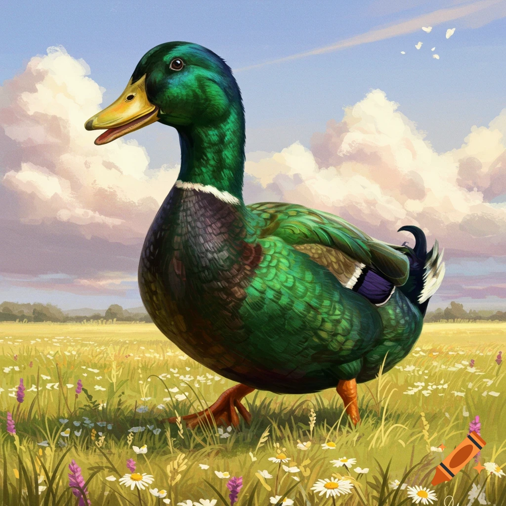 A giant mallard duck stands in a field of wildflowers under a cloudy sky.