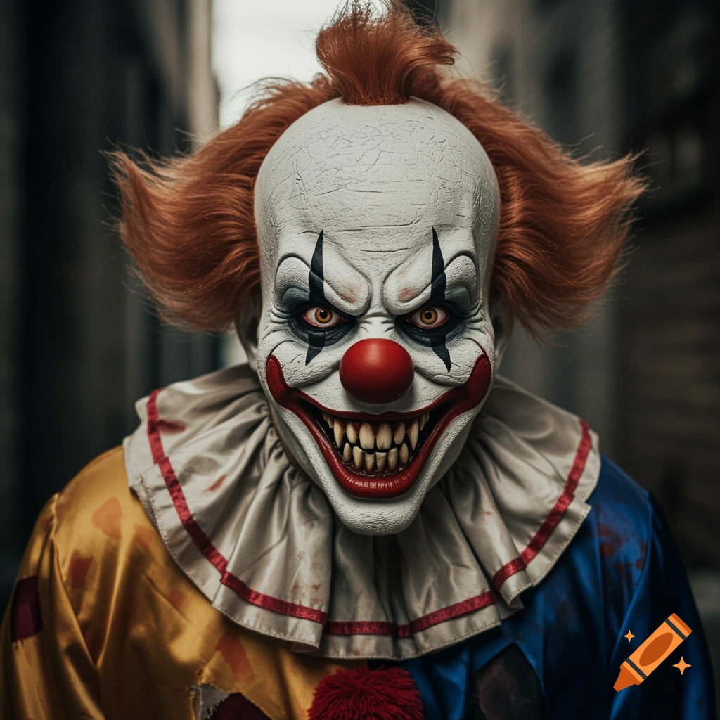 Photorealistic close-up of a terrifying clown face with sharp teeth and ruffled collar in a dark alley.