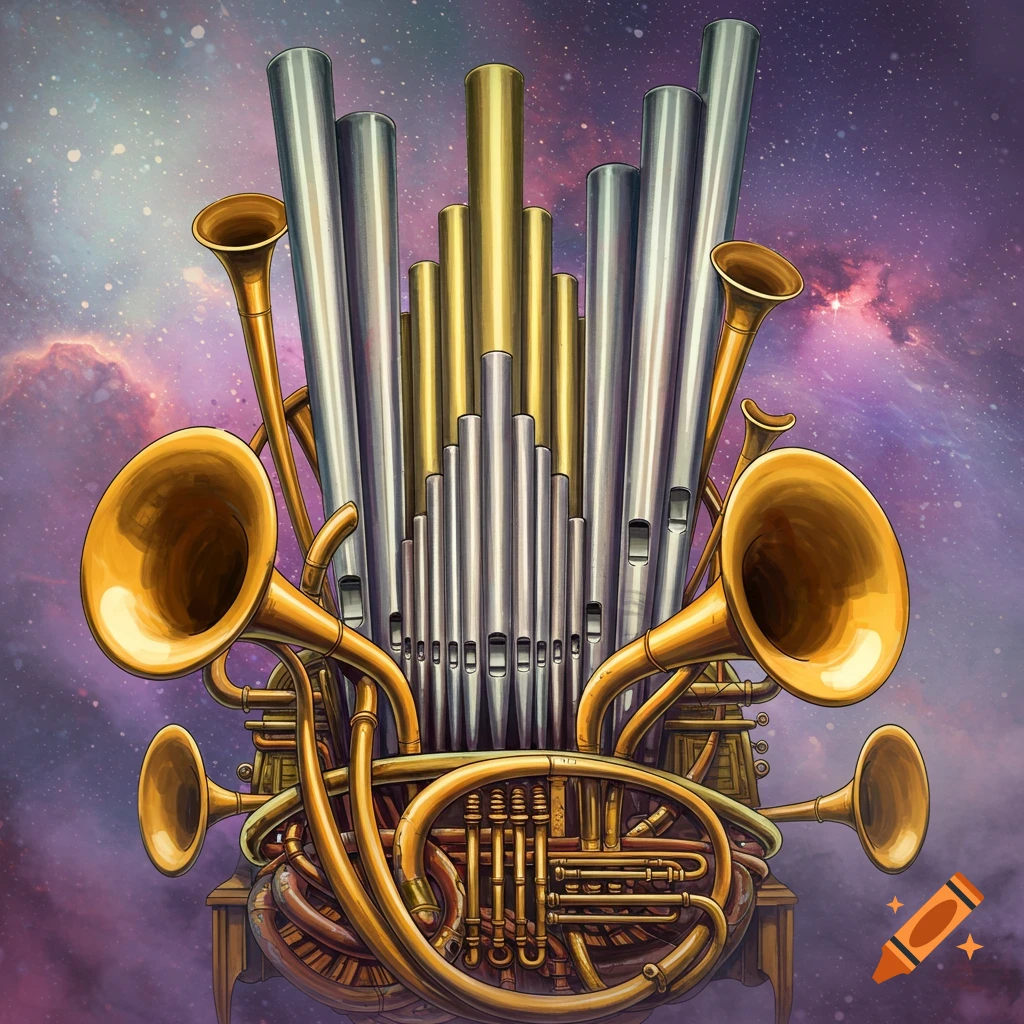Organ pipes and french horns against a space background