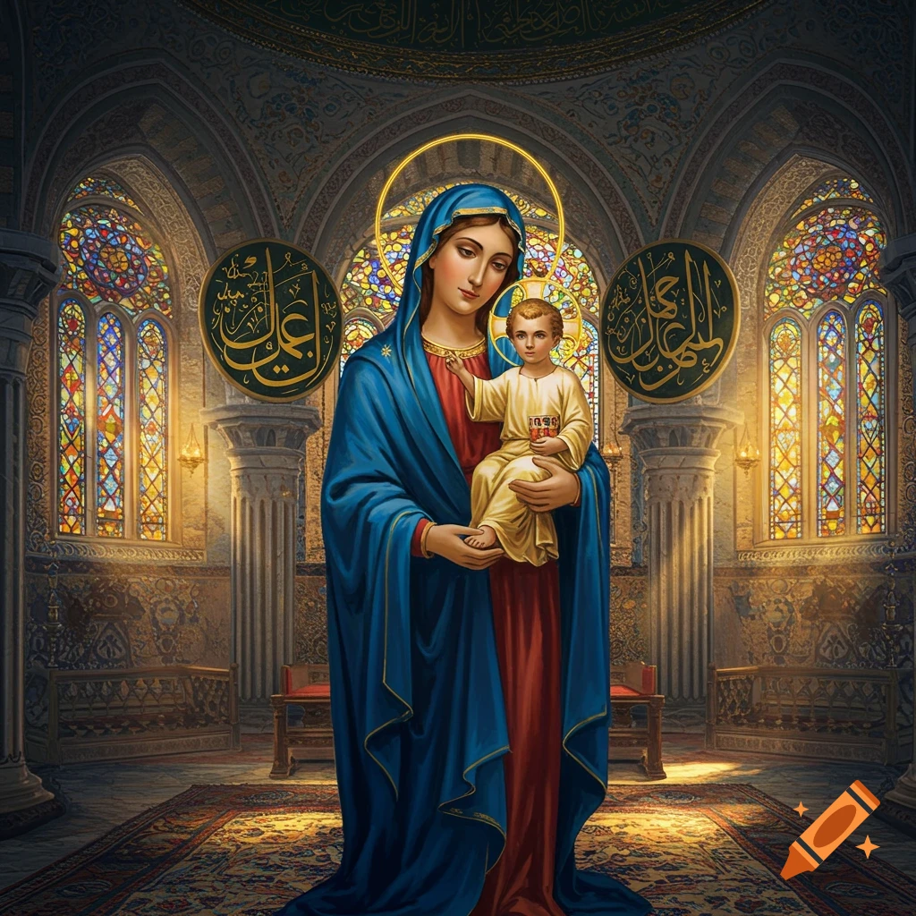 Mary holding baby Jesus in a large church with stained glass windows and decorative calligraphy