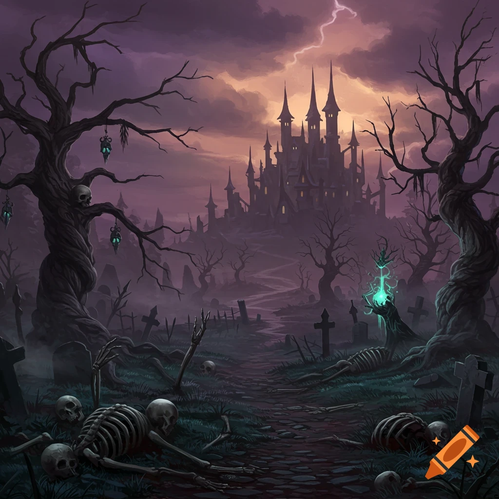 A dark fantasy landscape featuring a spooky castle, graveyard, skeletons, and lightning.