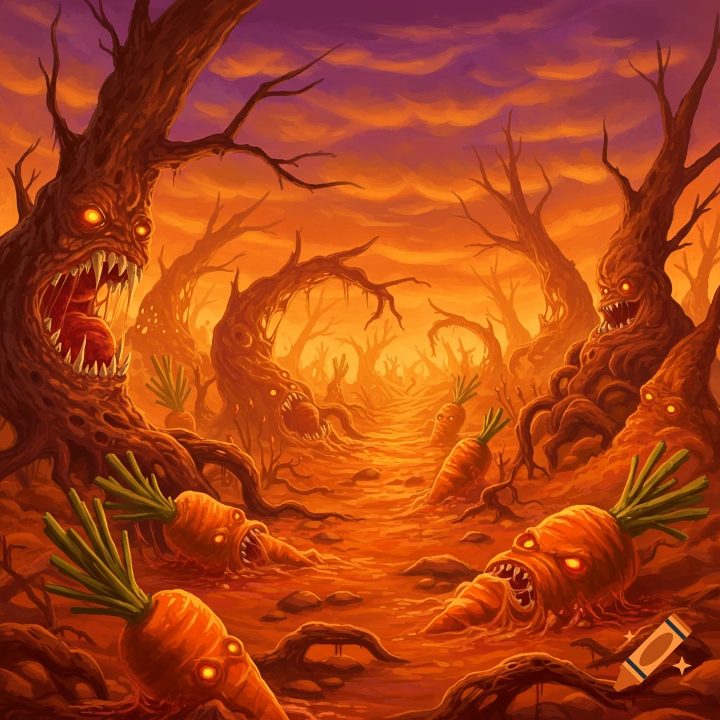 Dark, orange fantasy landscape with twisted, monstrous trees and evil carrots with teeth and eyes.