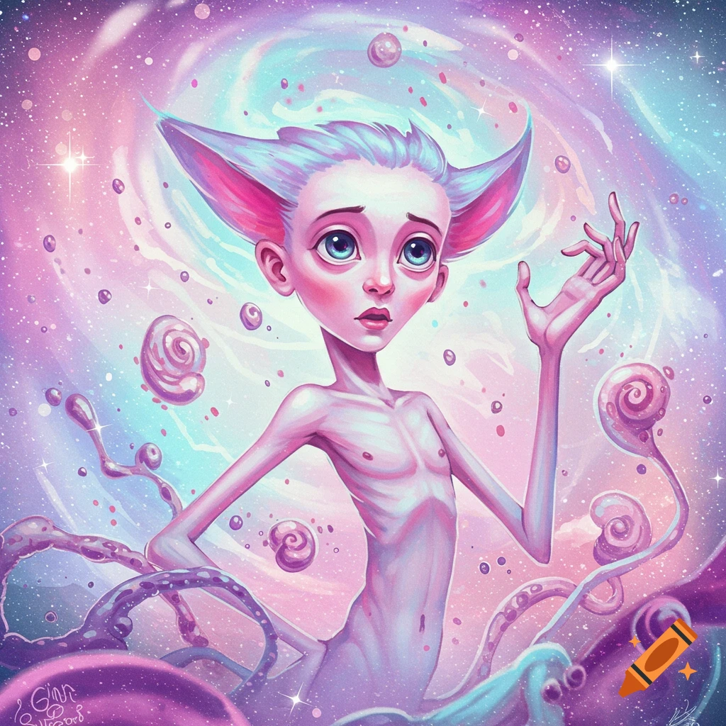 A thin creature with large ears and eyes floats in a swirling galaxy with bubbles.