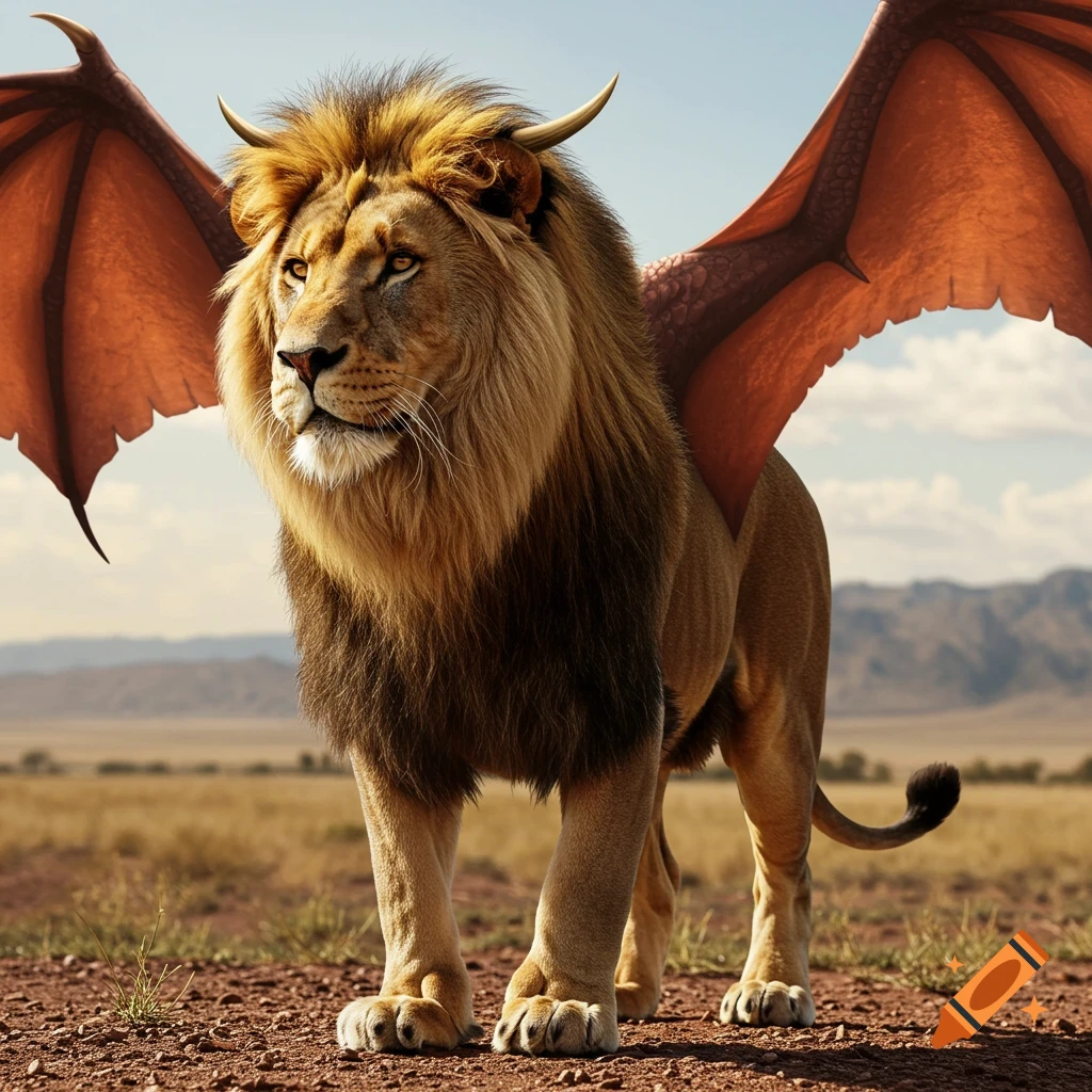 Photorealistic lion-dragon hybrid stands in a savanna field.