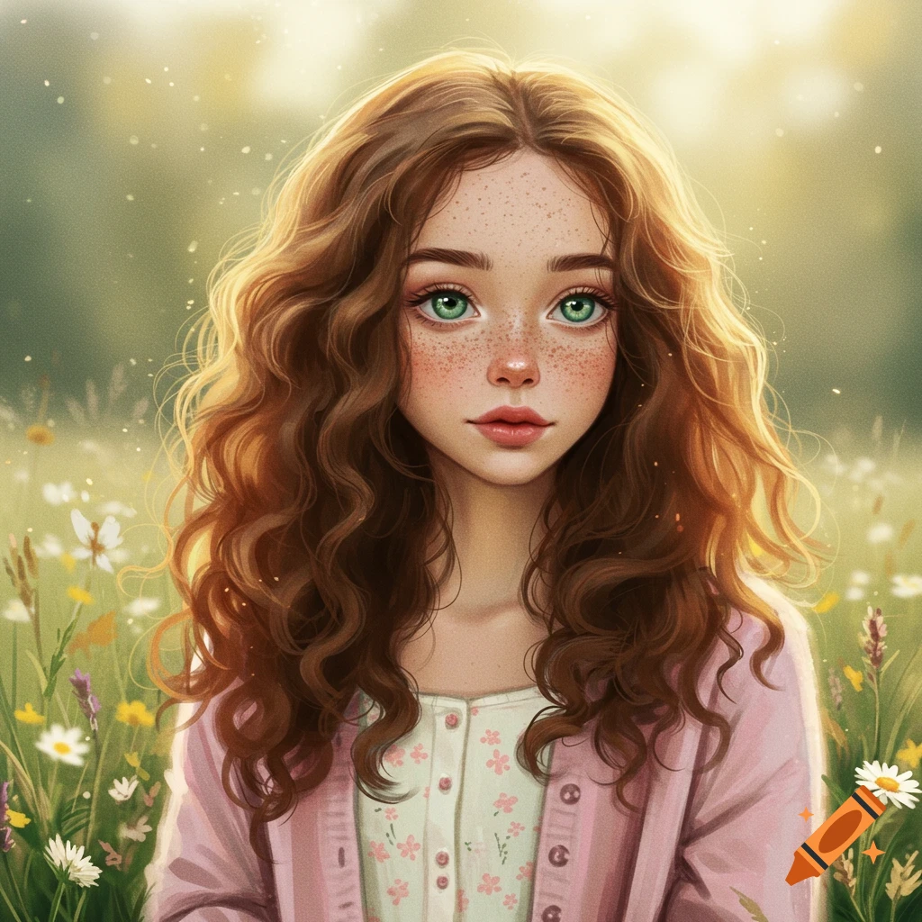 A girl with curly brown hair, green eyes, and freckles in a field.