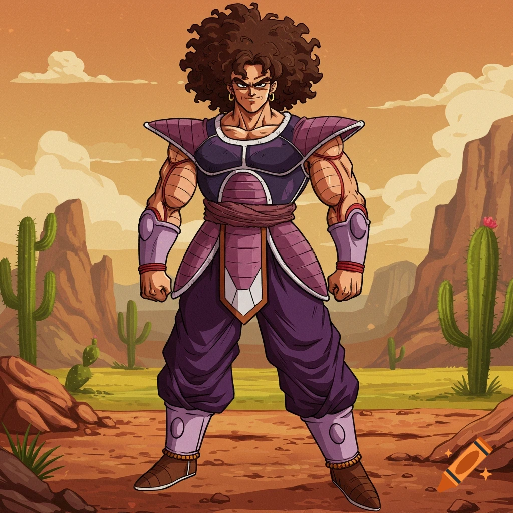 Anime character with curly hair wearing purple armor in a desert landscape.