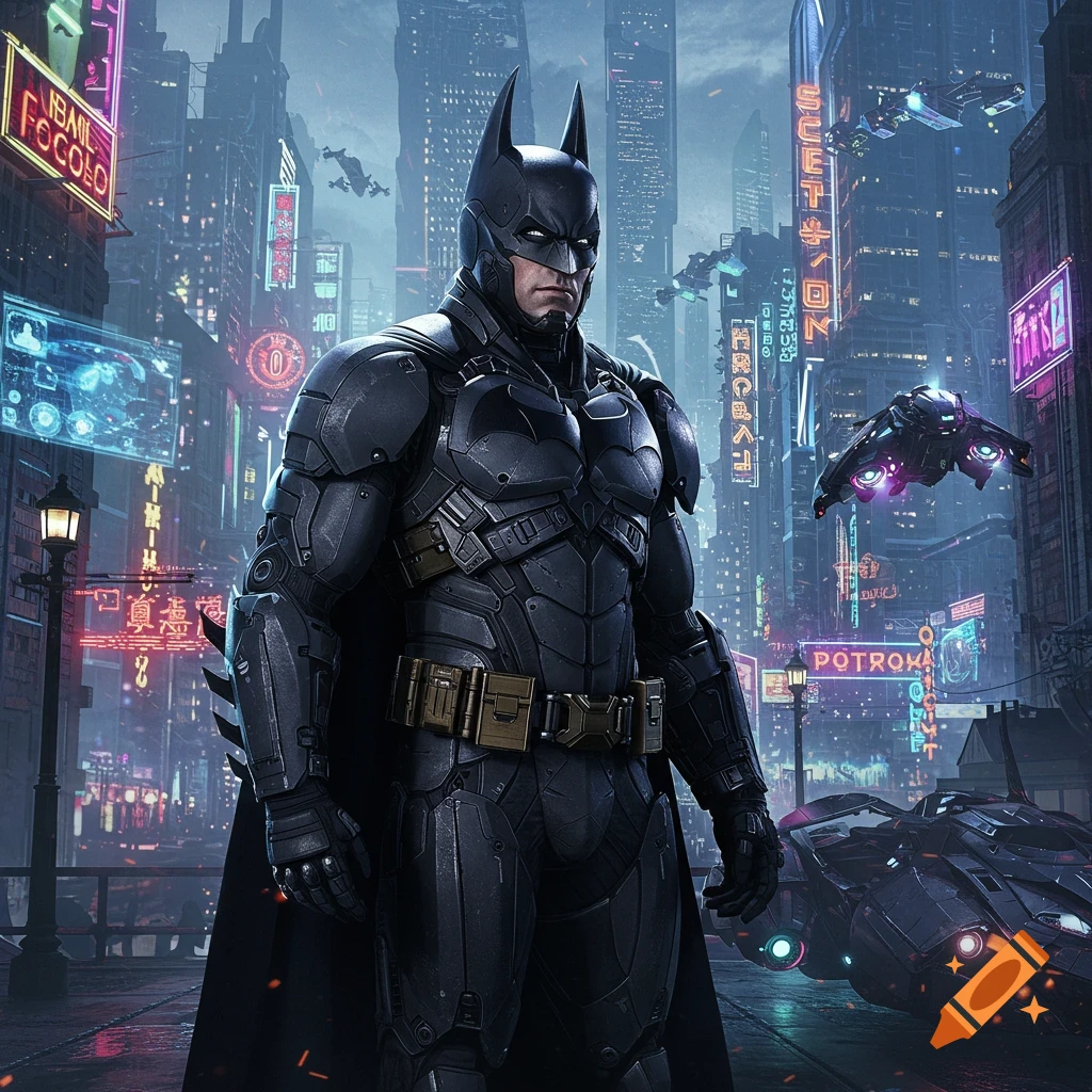 Batman in his batsuit stands in a futuristic city with neon signs and flying vehicles.
