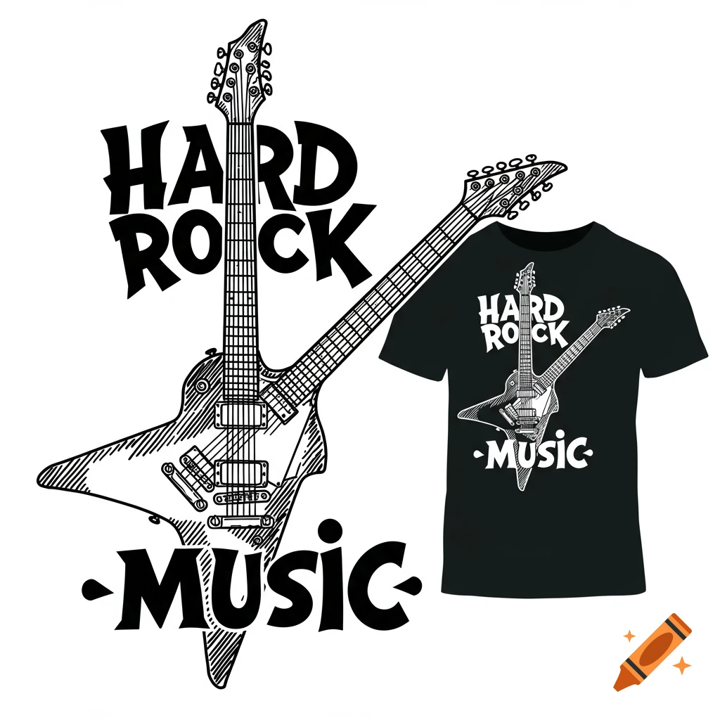 Black and white graphic design featuring two electric guitars and the text HARD ROCK MUSIC, shown as a standalone image and printed on a black t-shirt.
