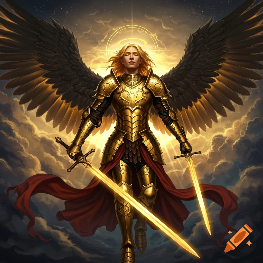 An angel in golden armor with black and gold wings and a halo, holding two glowing swords against a cloudy sky.