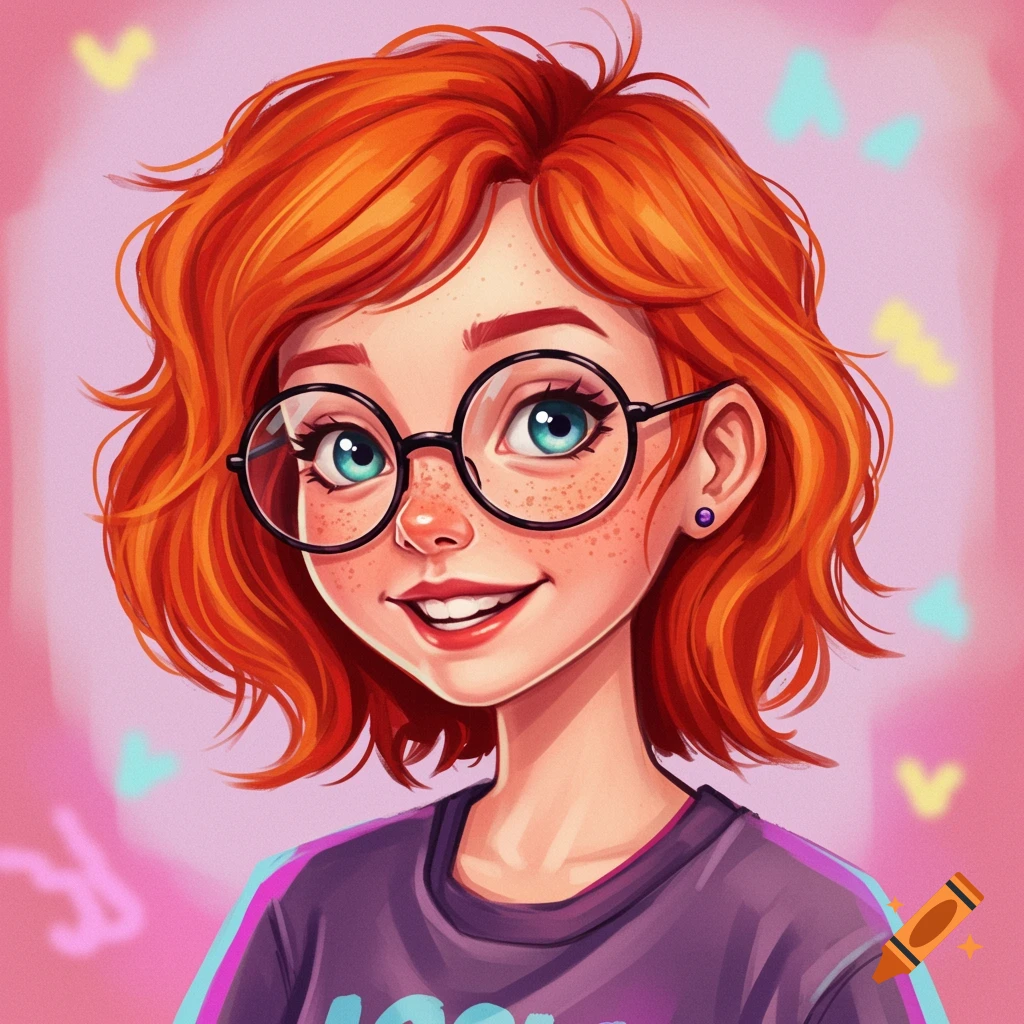 Cartoon portrait of a redheaded girl with glasses and freckles, smiling.