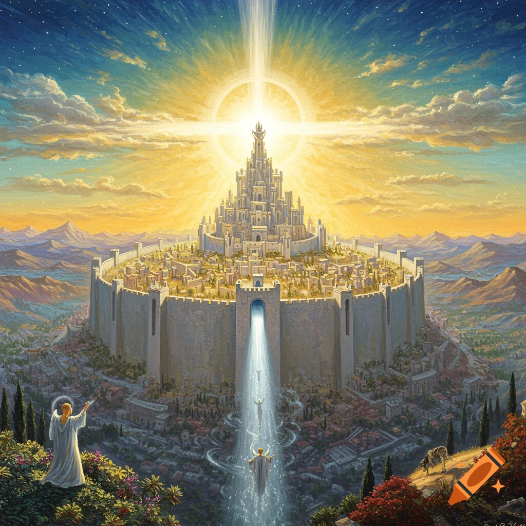 Detailed image of a radiant walled fantasy city high on a hill, with angels in beams of light
