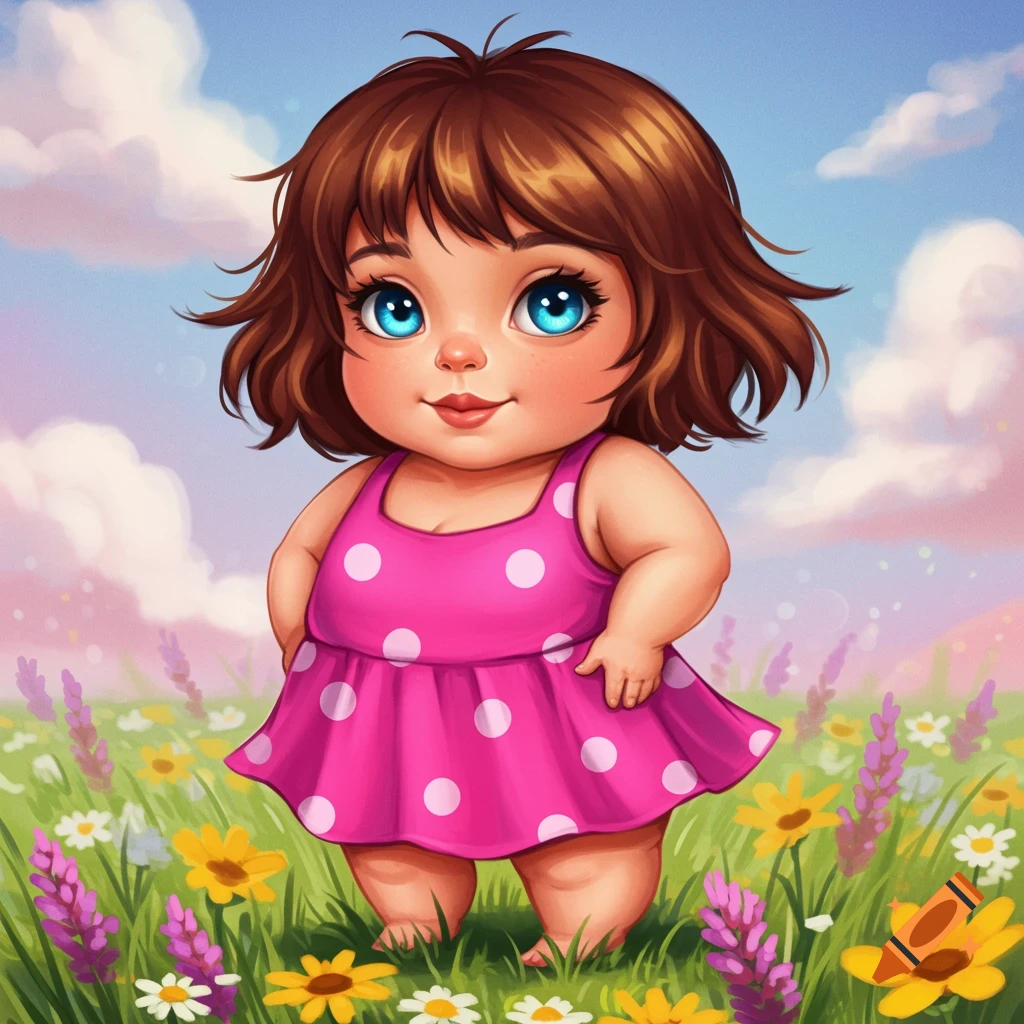 A girl in a pink polka dot dress is standing in a field of flowers.