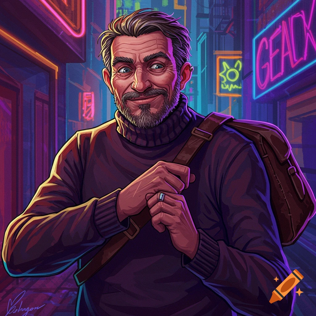A middle-aged man with a beard is smiling wryly, carrying a bag over his shoulder in a neon-lit city street.