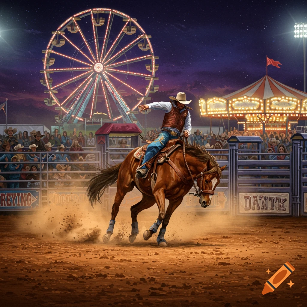 A cowboy on a bucking horse in a rodeo arena with a carnival behind him at night.