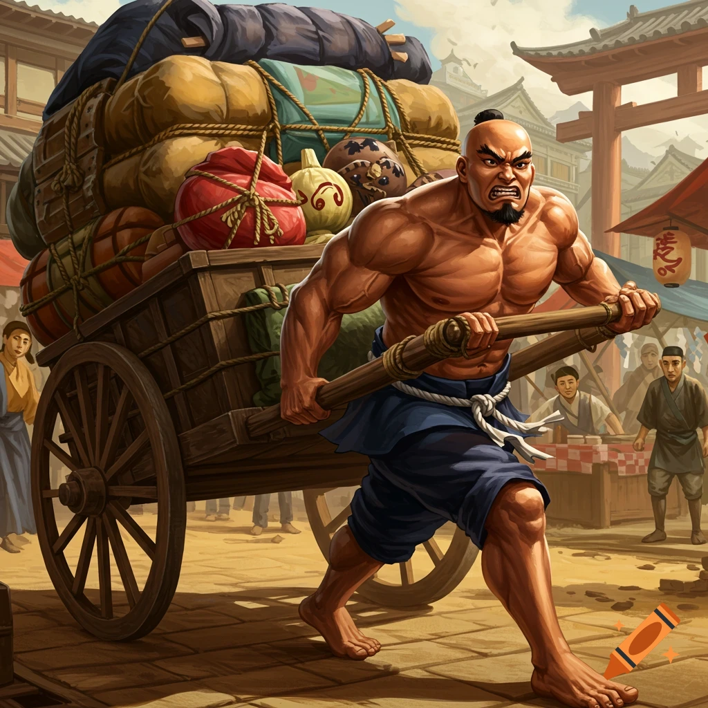 Muscular man pulls a heavy cart through a crowded marketplace.