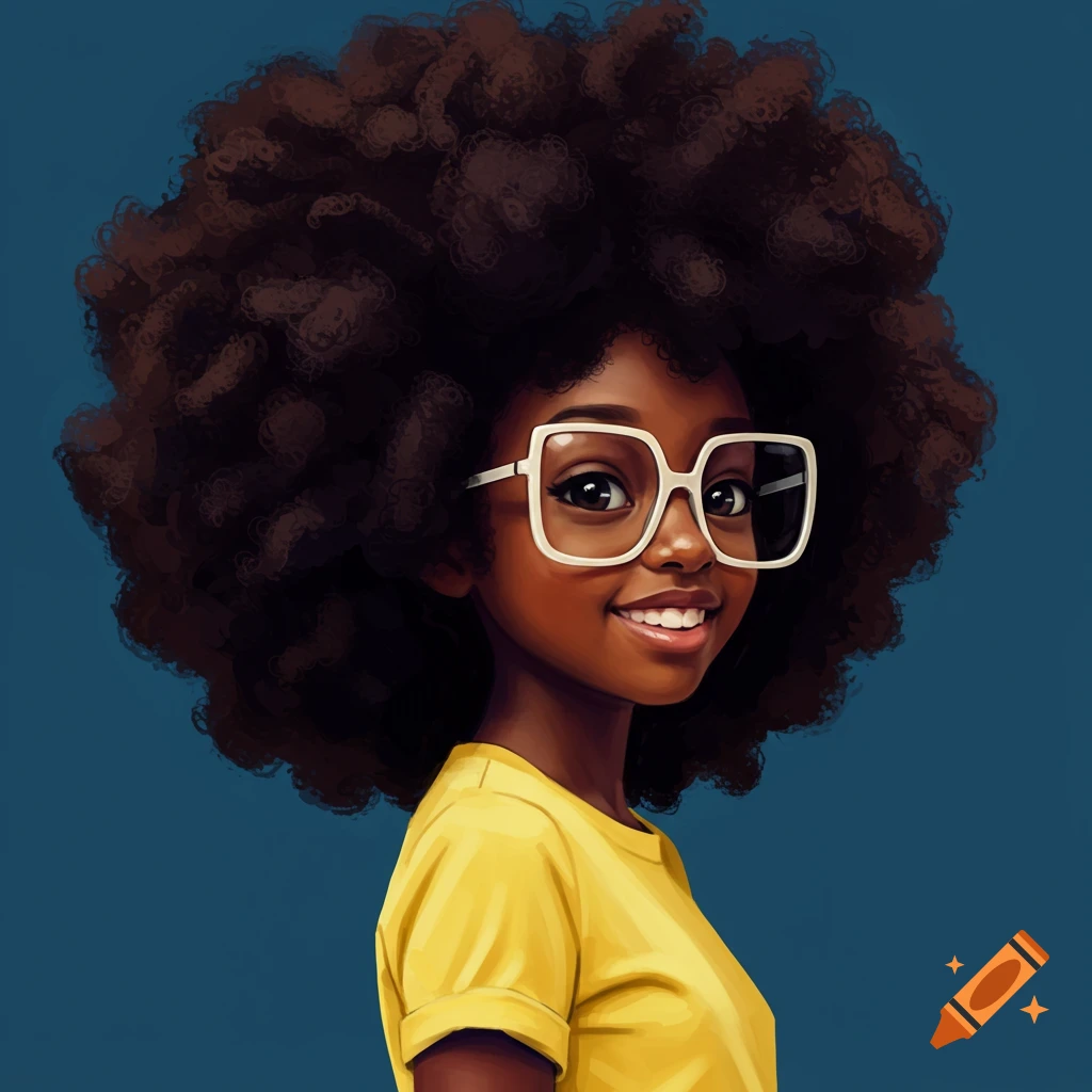 A black girl with a large afro and square white glasses