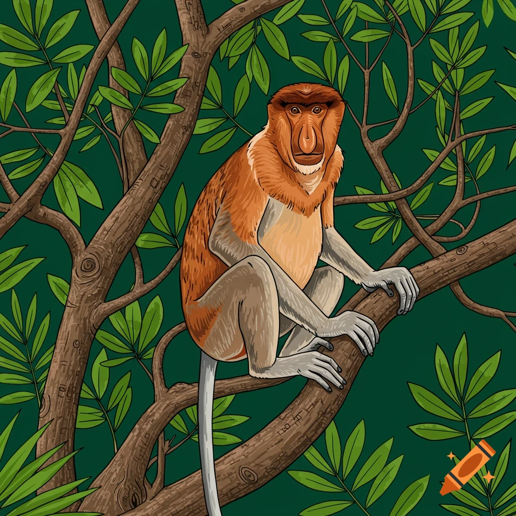 A Proboscis monkey sits on a tree branch surrounded by green leaves.