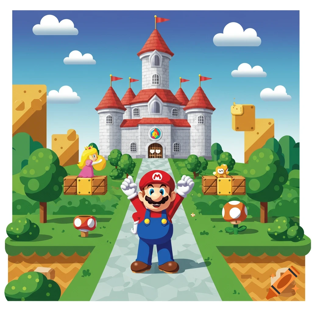 Vector illustration of Super Mario, Peach, Toad, and Goomba characters standing in front of a castle in the Super Mario world.