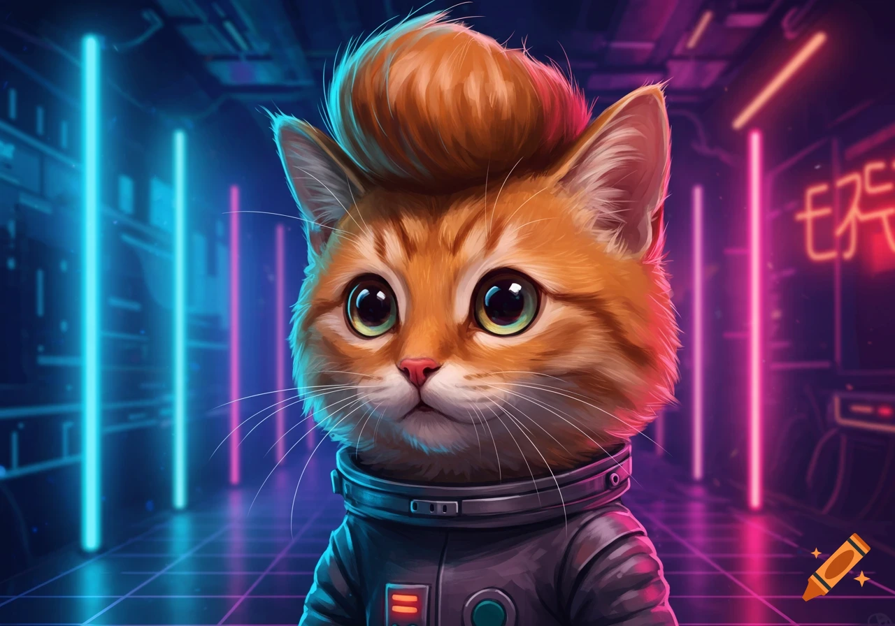 Cute cat in spacesuit with pompadour in a retrofuturistic room with neon lights.