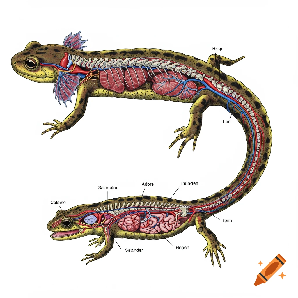 Scientific illustration of the internal anatomy of two salamanders, showing organs and circulatory systems.