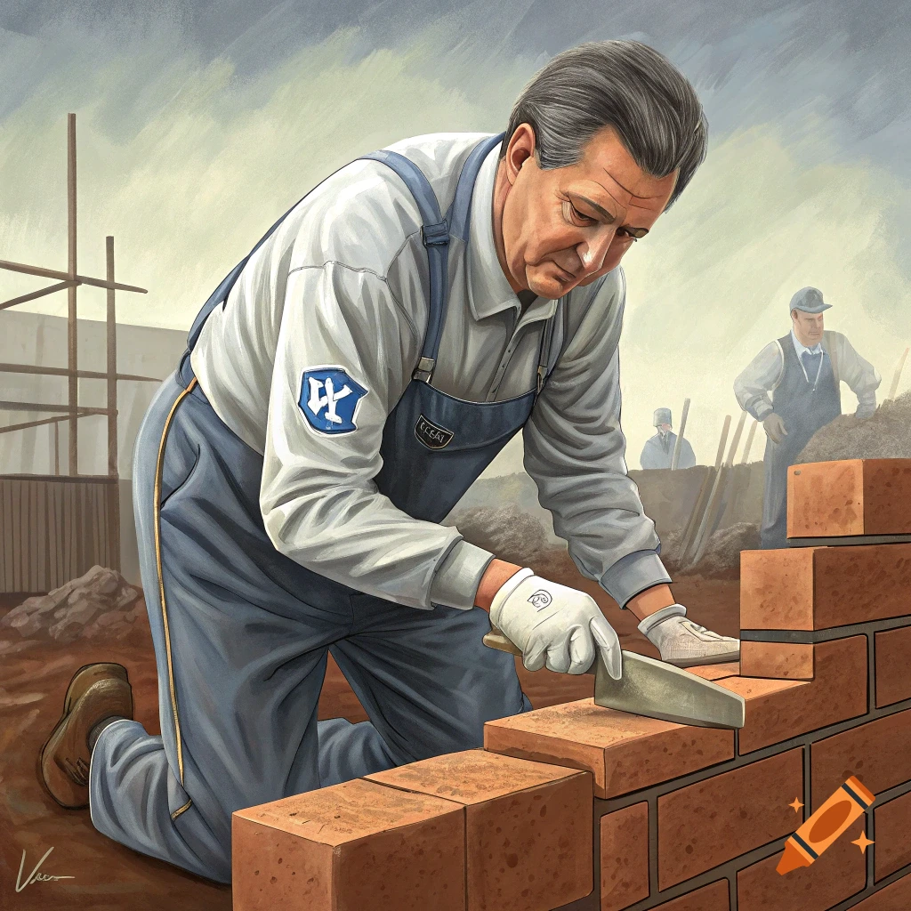 An illustration of a man kneeling and laying bricks in a construction site.