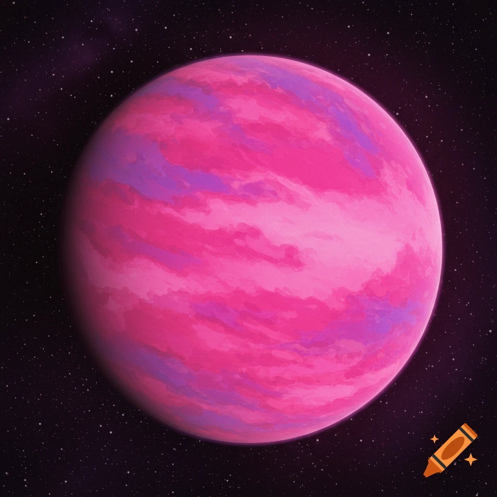 A large pink and purple swirled planet in space with stars.