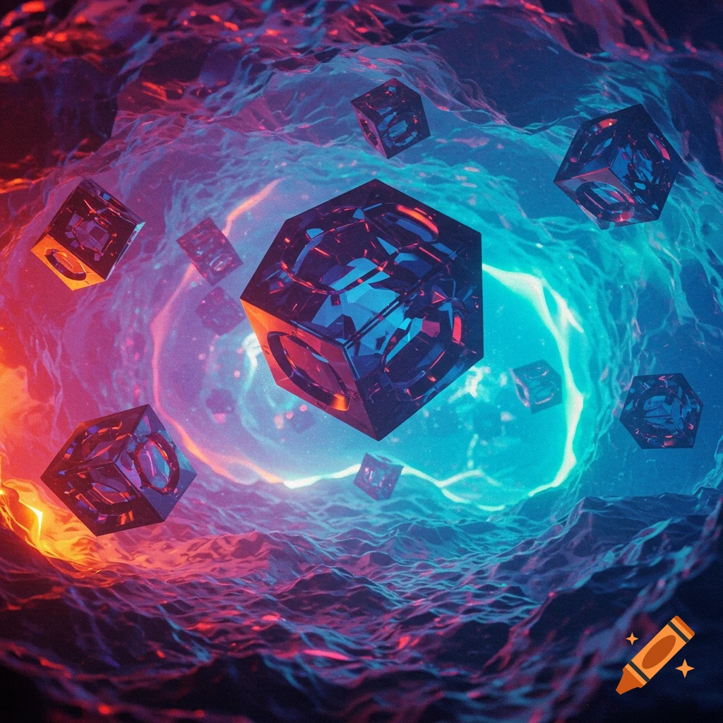 Geometric cubes floating in a glowing, abstract blue and orange tunnel.