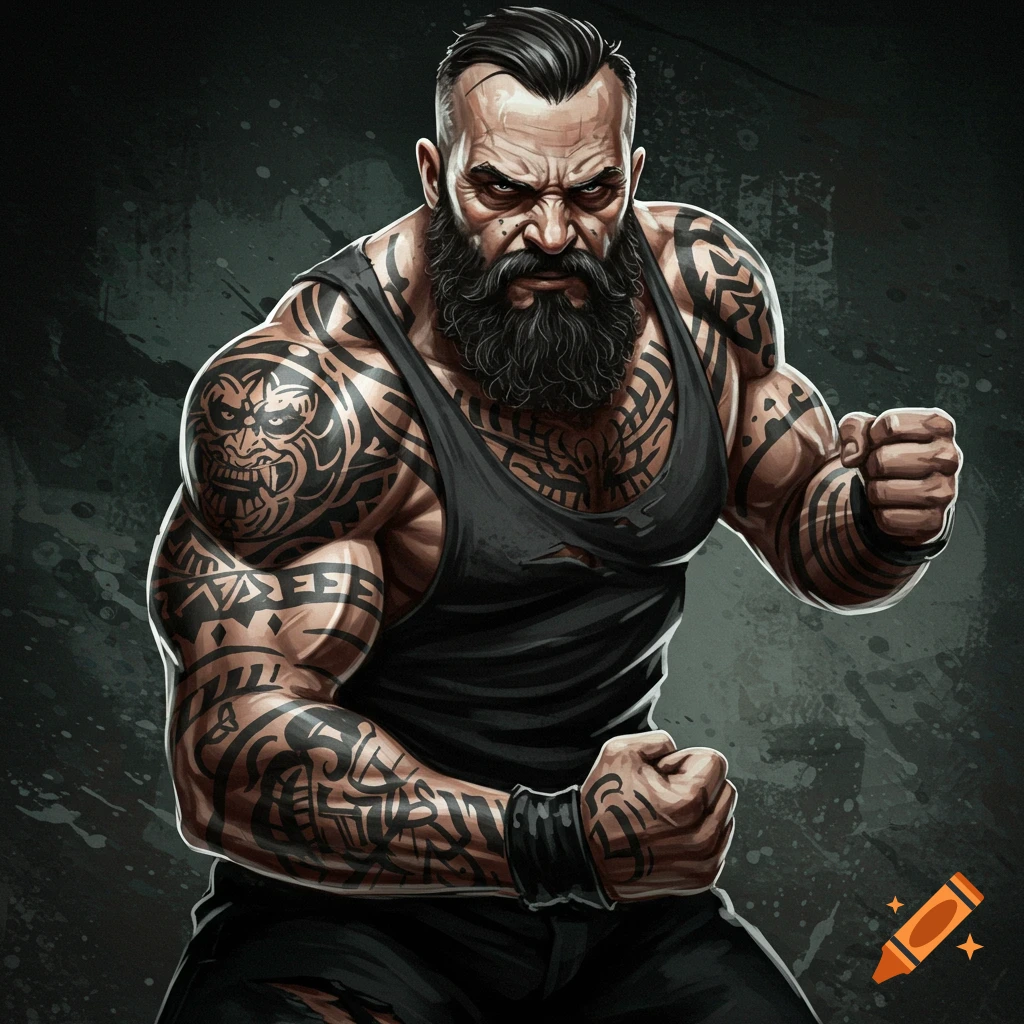 A strong, muscular man with a beard and extensive tribal tattoos.