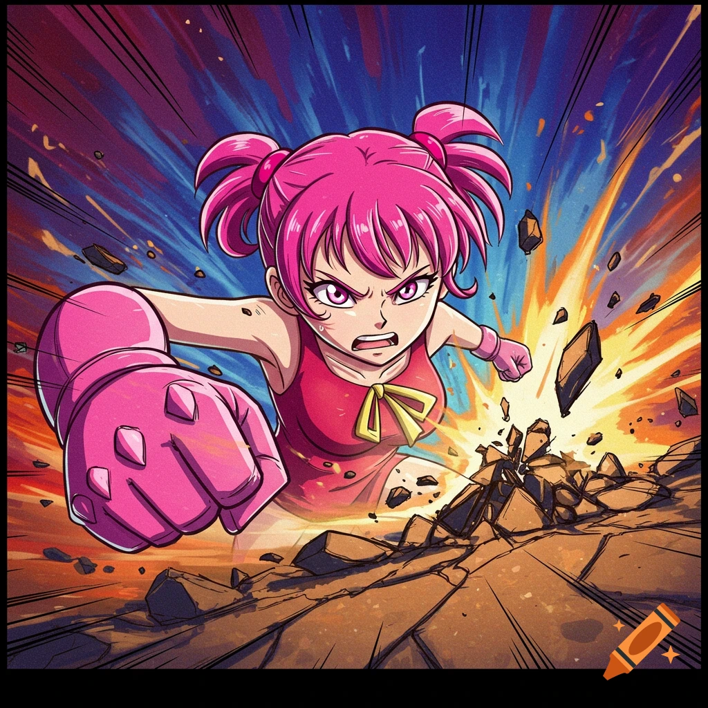 Anime style illustration of a girl with pink pigtails and gloves punching the ground, causing debris to fly.