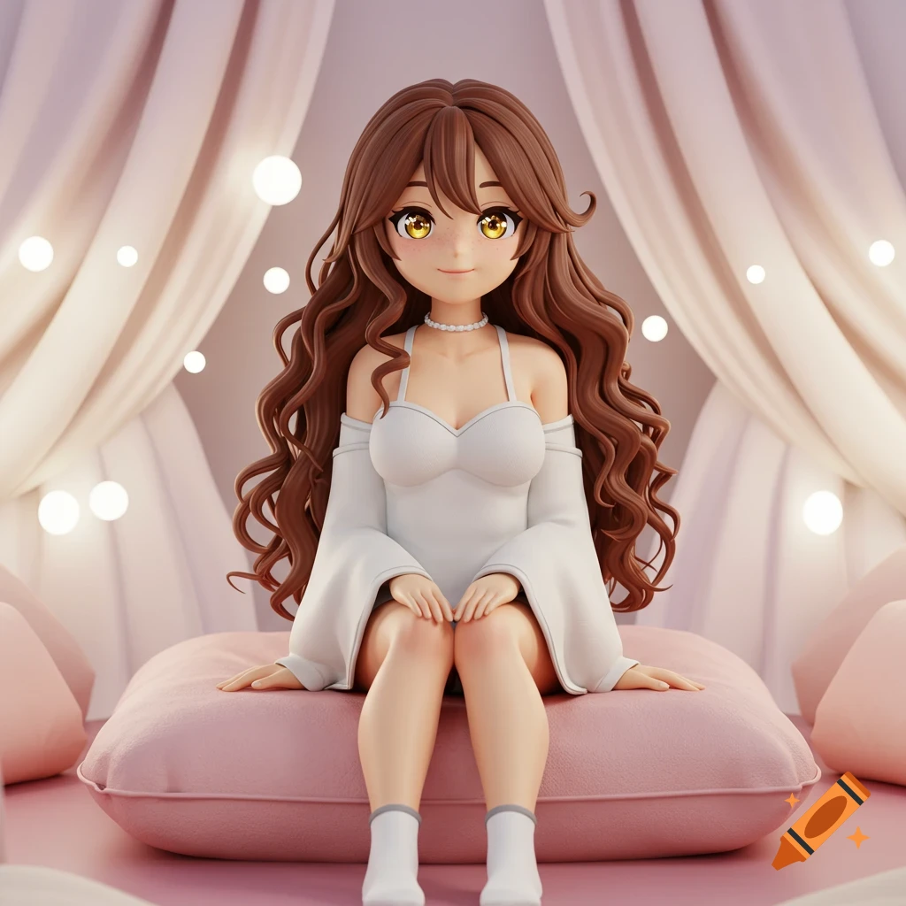 A 3D anime girl with long brown hair sits on a pink cushion.