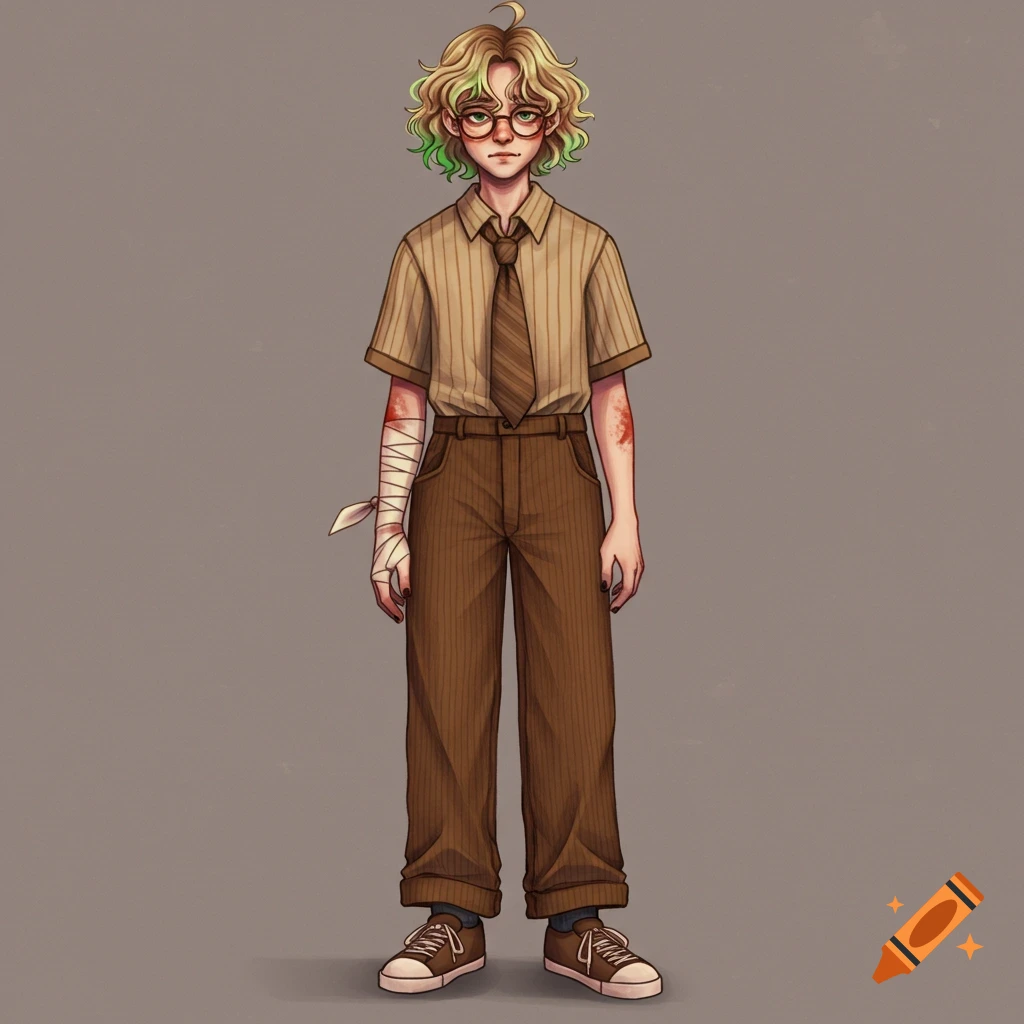 A person with blond and green hair, glasses, striped shirt, tie, brown pants, and bandaged arm.