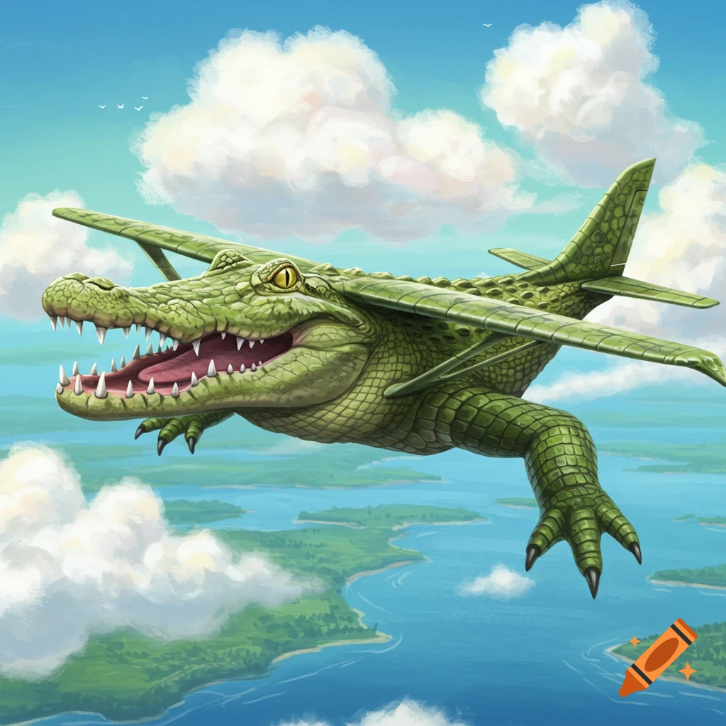A green crocodile with airplane wings and tail flying through a cloudy sky above land and water.