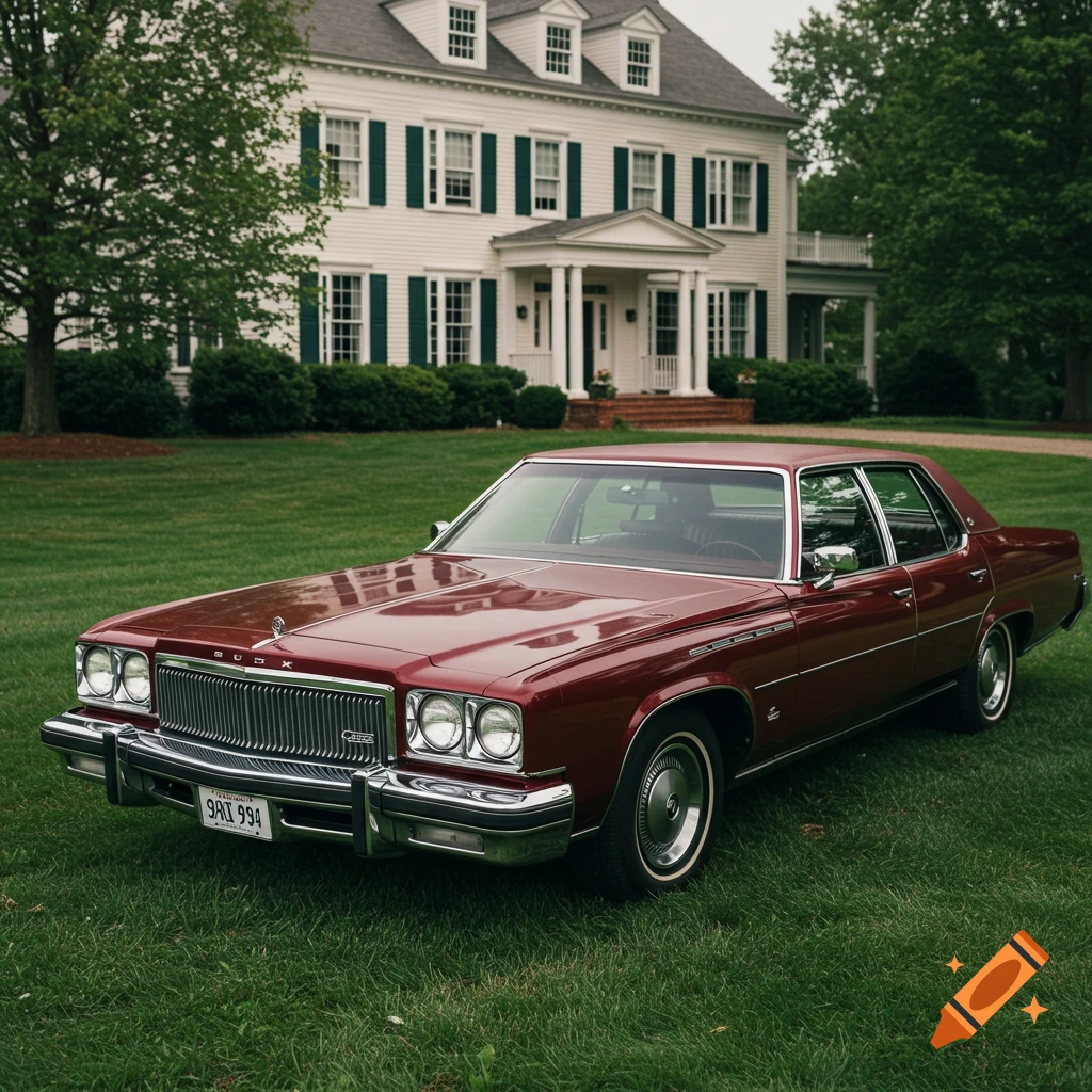 A red Buick sedan parked on a lawn in front of a white house. Photorealistic style.