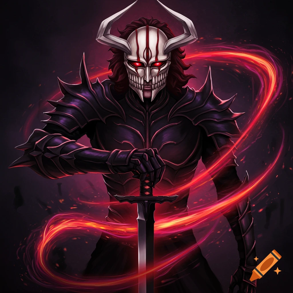 A character in dark armor and skull mask holding a sword with red energy.